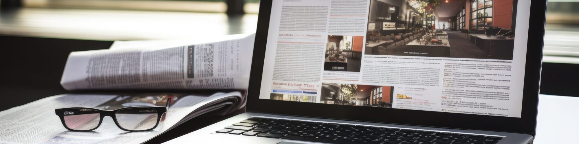 Laptop Computer on Wooden Desk for Productivity and Work, Laptop and newspapers on the table are seen in a close-up, illustrating a business concept, AI Generated